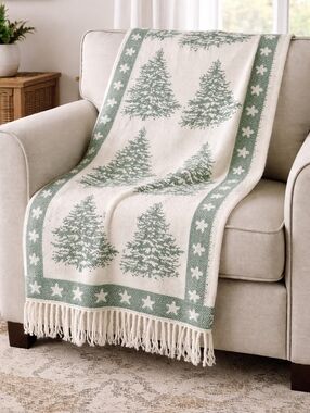 Portuguese Throw Blanket Cotton Blend Green Trees Fringe 55x40
